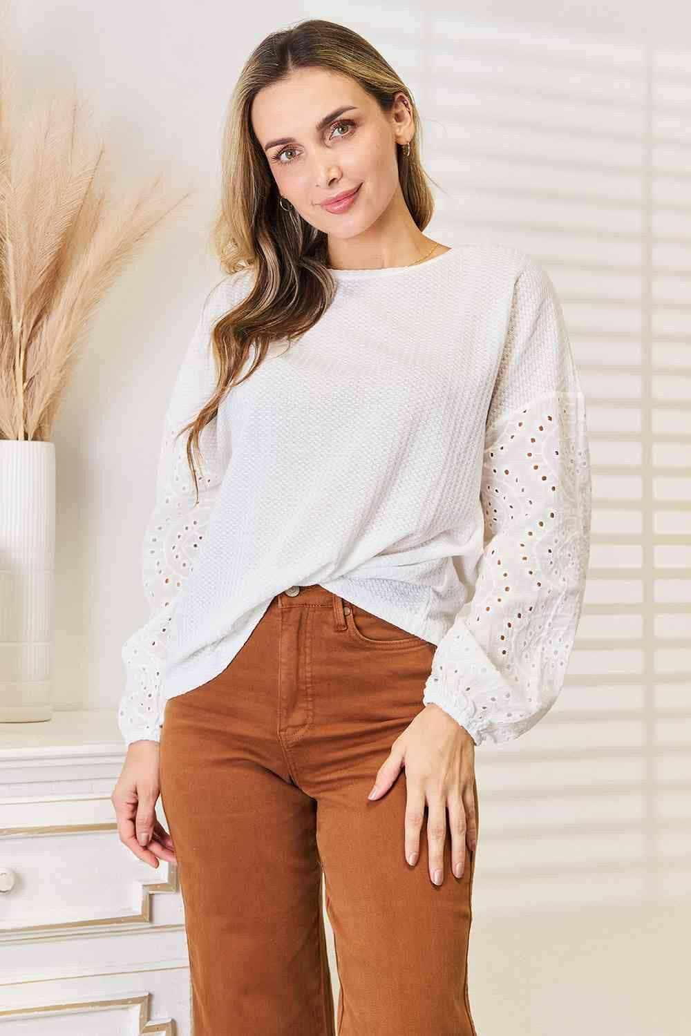 Trendsi Eyelet Drop Shoulder Blouse Relaxed Fit Women's