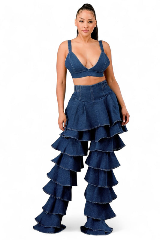 Conjunto de dos piezas de mezclilla con volantes para chica alta con curvas