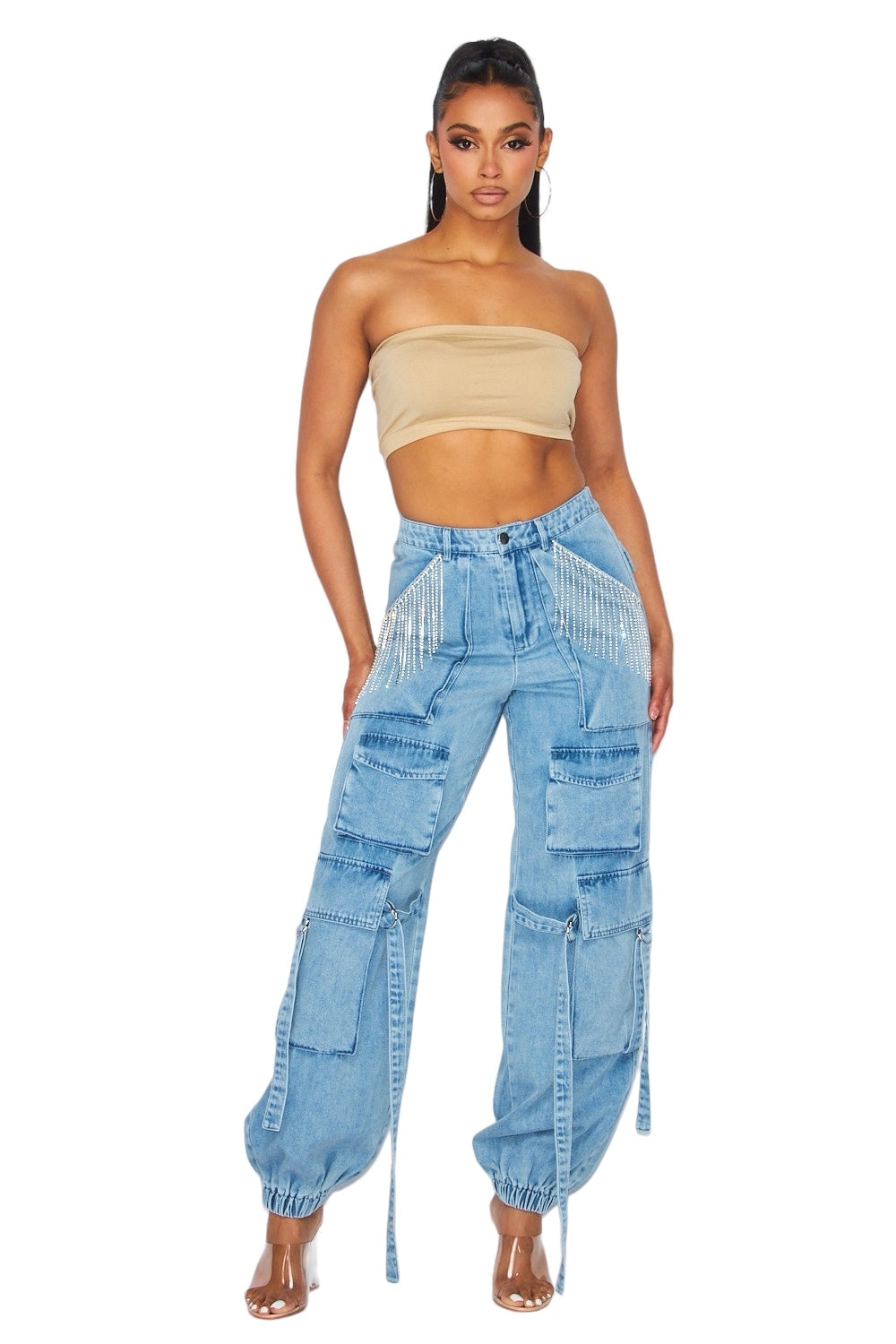 Pantalones cargo de mezclilla con jogger de pedrería **NO ELÁSTICO**