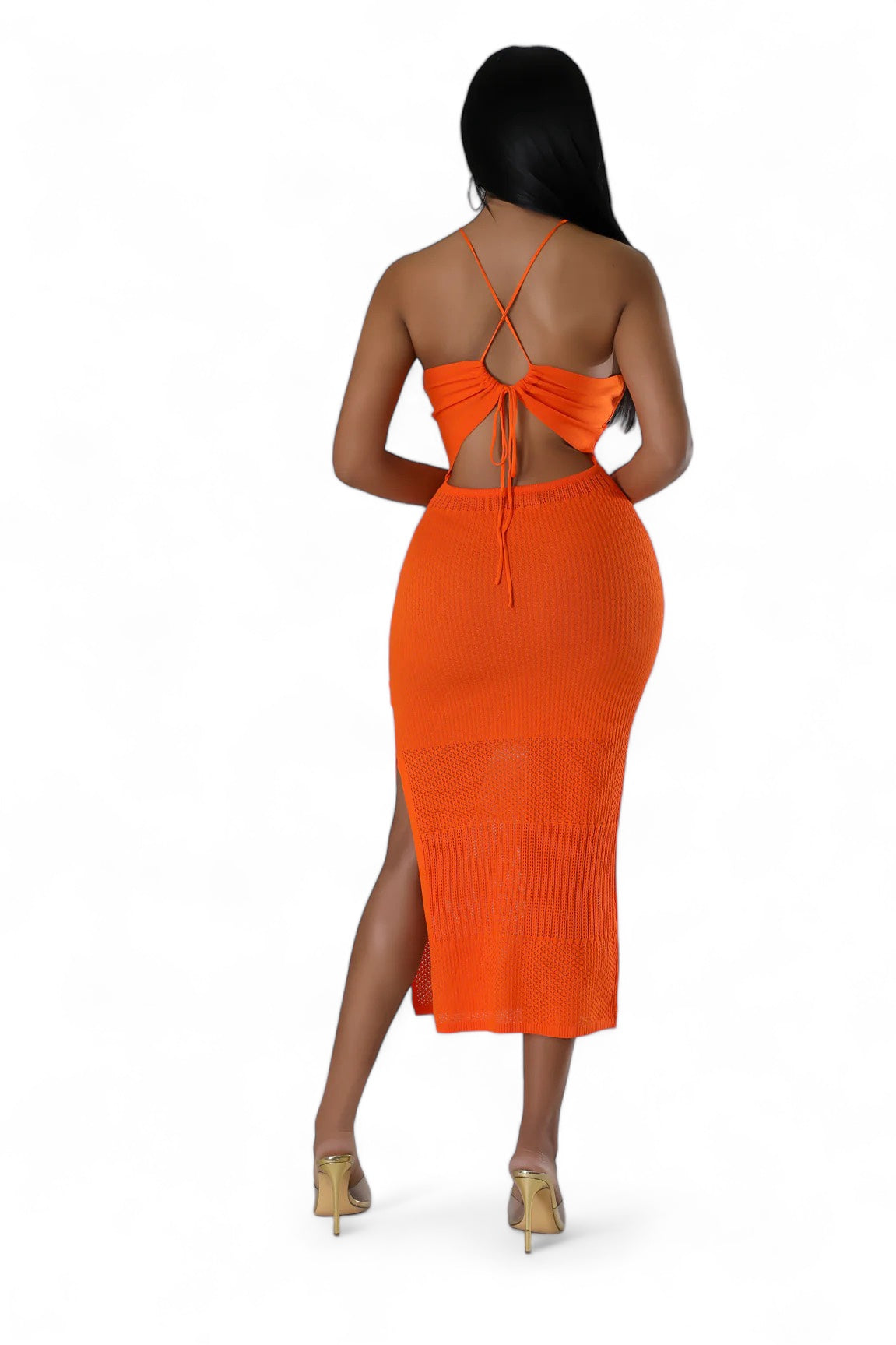 Vestido midi naranja de punto con cuello halter