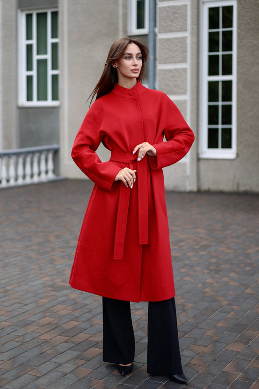 Abrigo de mezcla de lana con cuello mao en rojo otoño