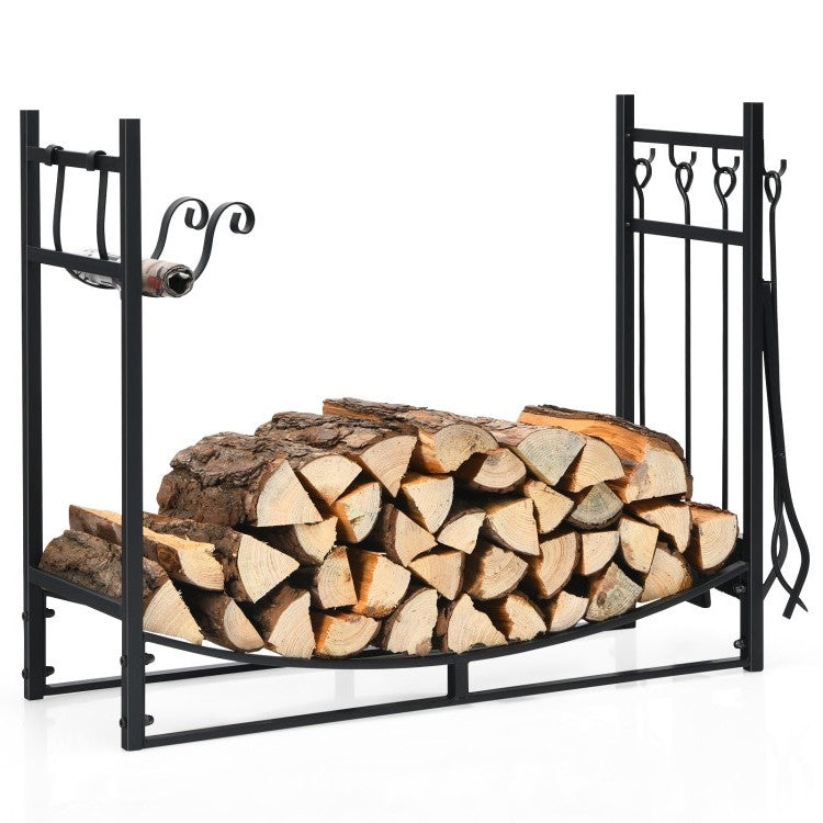 Leñero de acero resistente para interior/exterior con soportes para leña de encendido, pala
