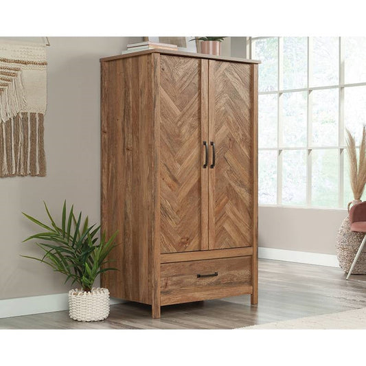 Armario ropero rústico FarmHouse con diseño de espiga, 1 cajón y barra para ropa