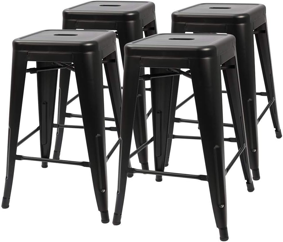 Juego de 4 taburetes de bar de metal negro apilables sin respaldo de 61 cm para interior/exterior