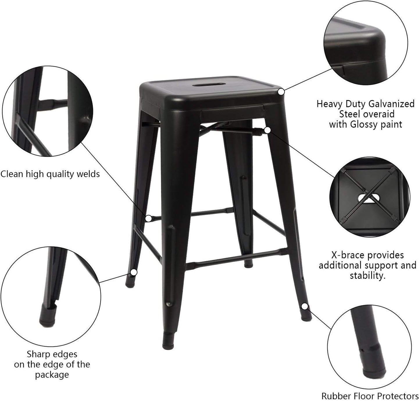 Juego de 4 taburetes de bar de metal negro apilables sin respaldo de 61 cm para interior/exterior