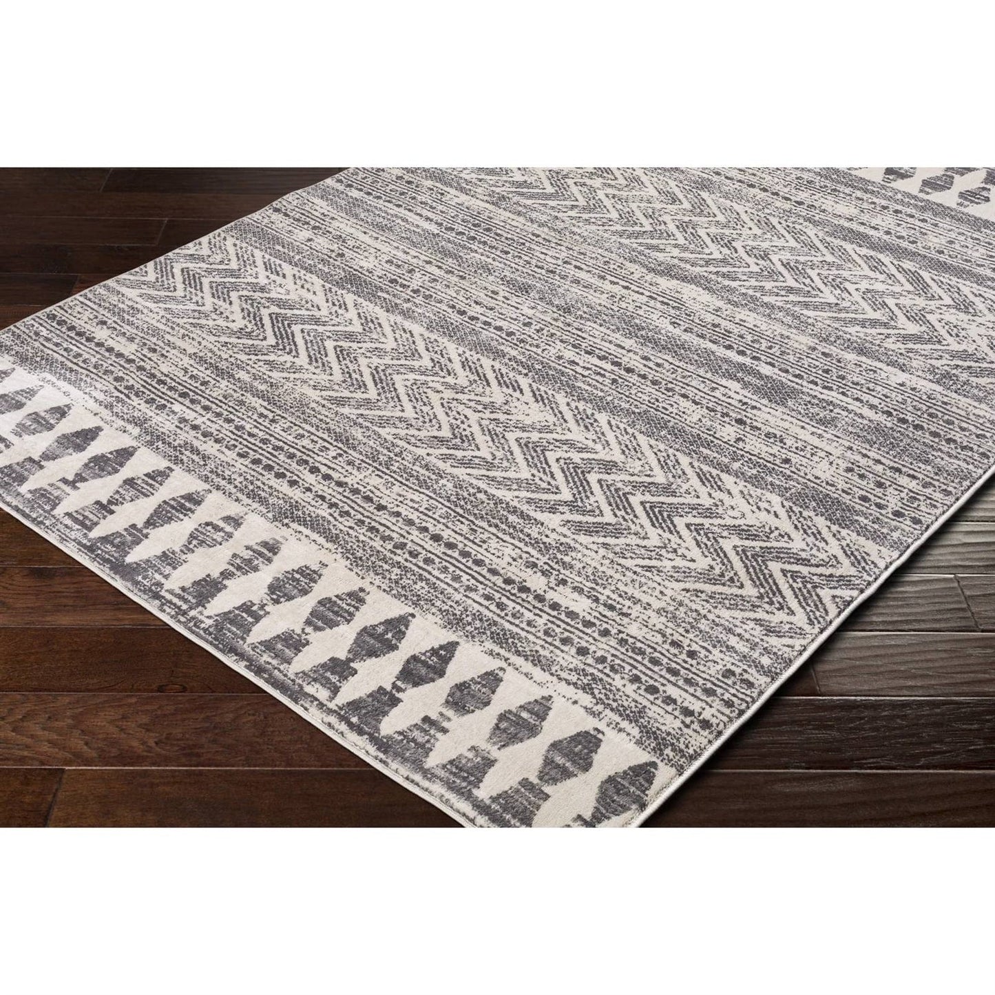 Alfombra de área de 5 pies x 7 pies, gris, marfil, diseño geométrico de chevrón, estilo bohemio
