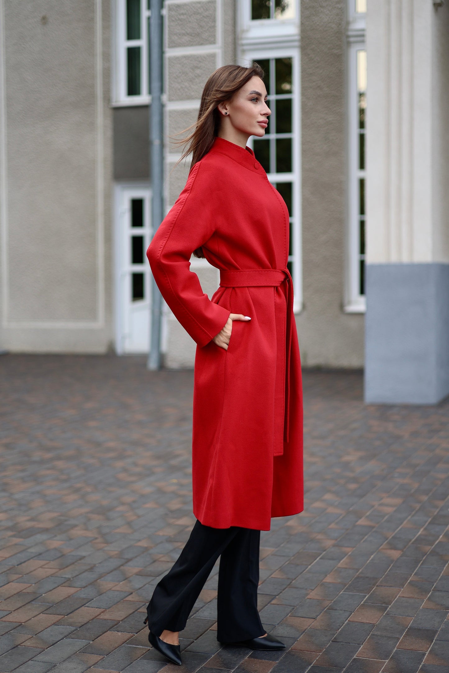 Abrigo de mezcla de lana con cuello mao en rojo otoño