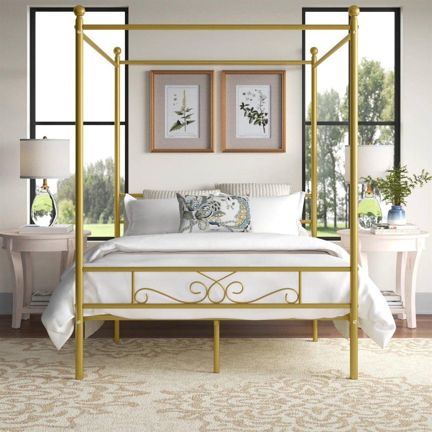 Cama con dosel metálica francesa de tamaño completo con acabado dorado