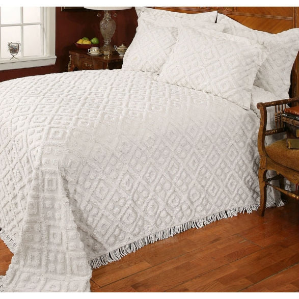 Colcha de chenilla de algodón beige tamaño matrimonial con bordes de flecos