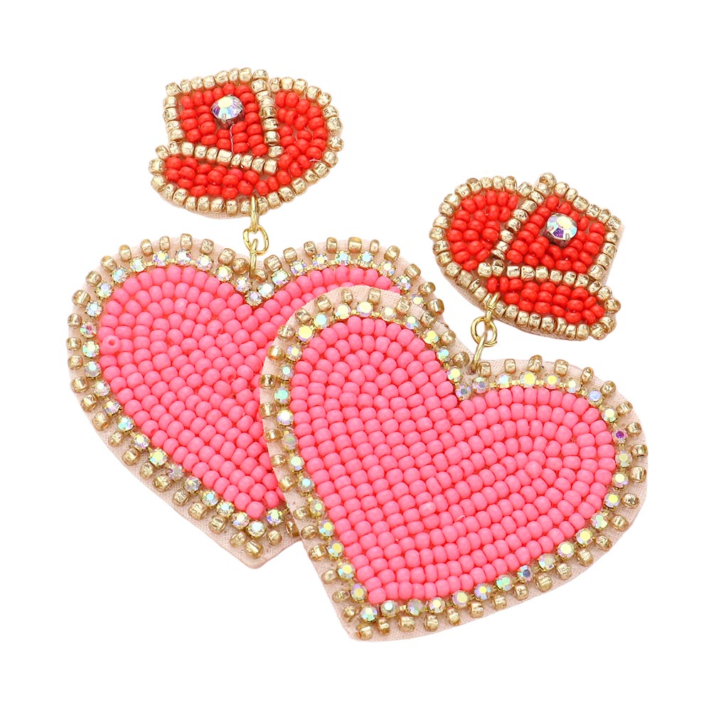 Felt Back Beaded Hat Heart Link Dangle Earrings