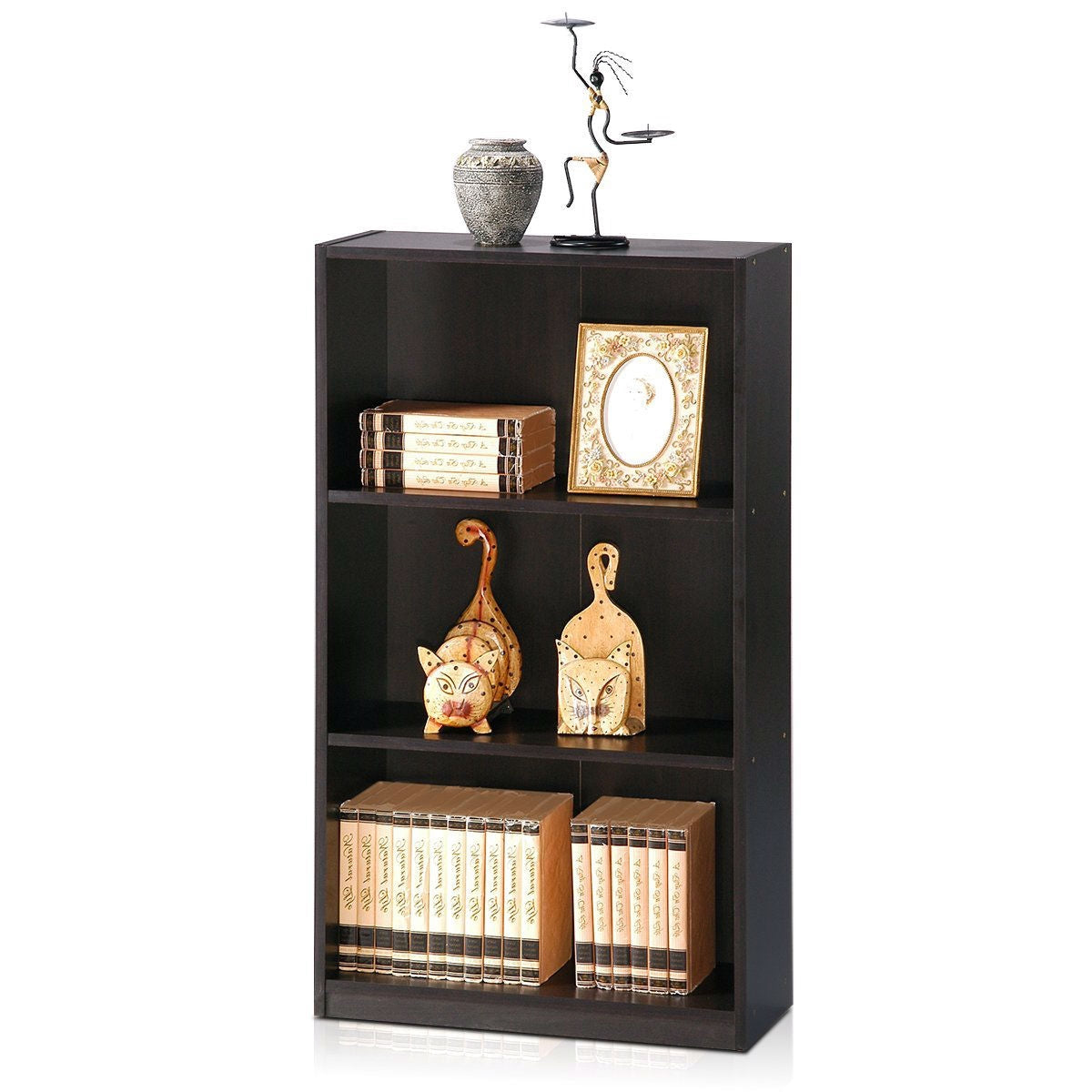 Estantería moderna de 3 baldas con acabado de madera de color espresso