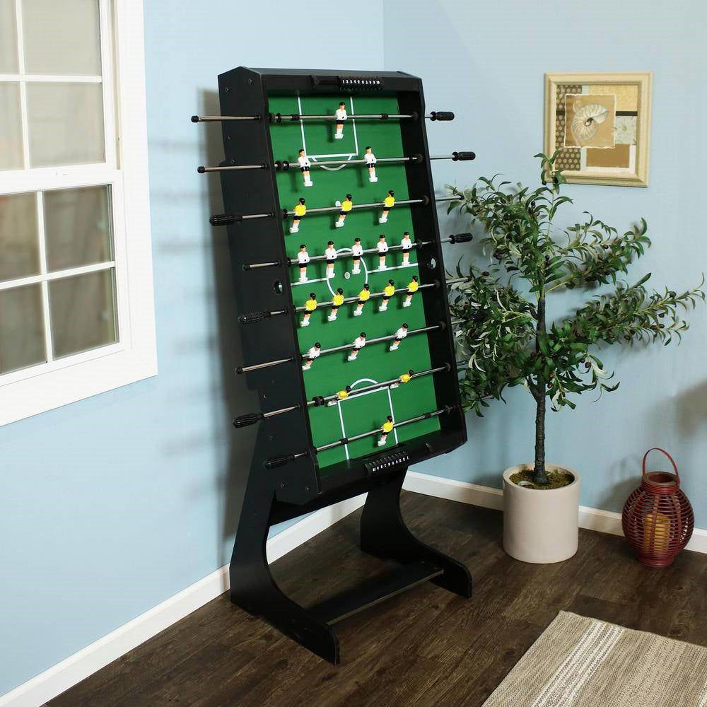 Mesa de futbolín plegable negra de 48 pulgadas que ahorra espacio con marcadores y 2 balones