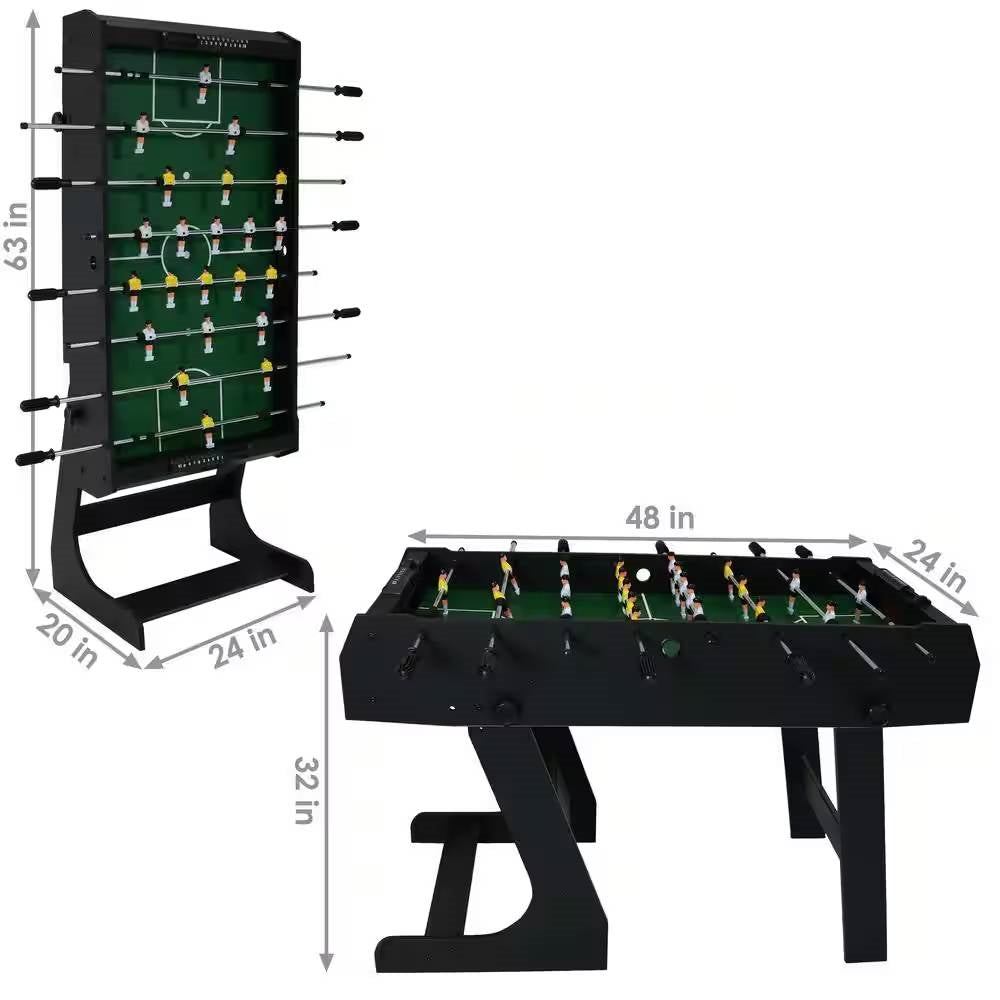 Mesa de futbolín plegable negra de 48 pulgadas que ahorra espacio con marcadores y 2 balones