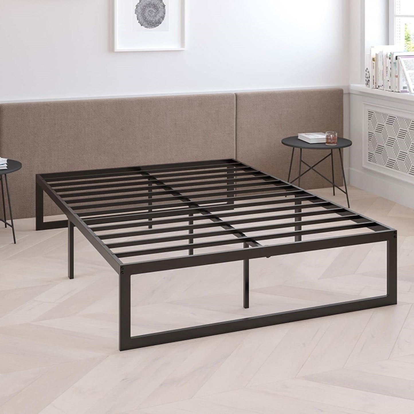 Marco de cama de plataforma de metal negro resistente de tamaño completo de 14 pulgadas de alto