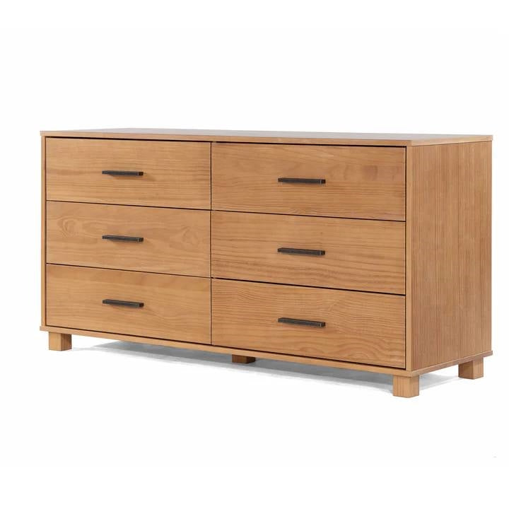 Cómoda doble de madera maciza estilo rústico moderno de 6 cajones con acabado marrón claro
