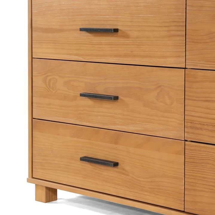 Cómoda doble de madera maciza estilo rústico moderno de 6 cajones con acabado marrón claro