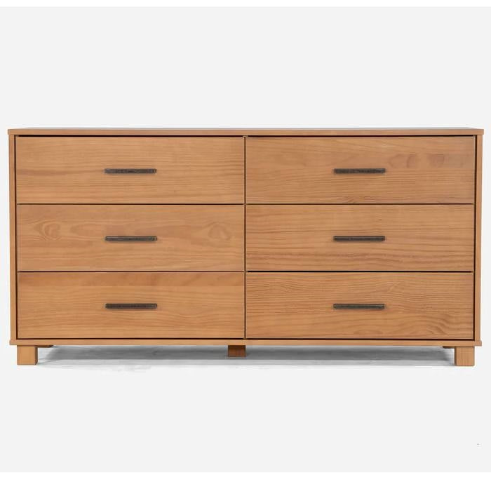 Cómoda doble de madera maciza estilo rústico moderno de 6 cajones con acabado marrón claro