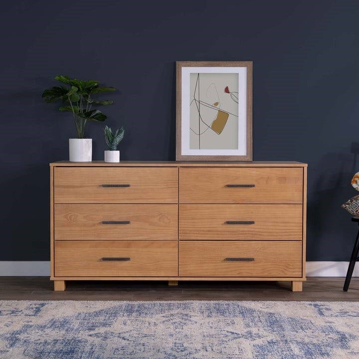 Cómoda doble de madera maciza estilo rústico moderno de 6 cajones con acabado marrón claro