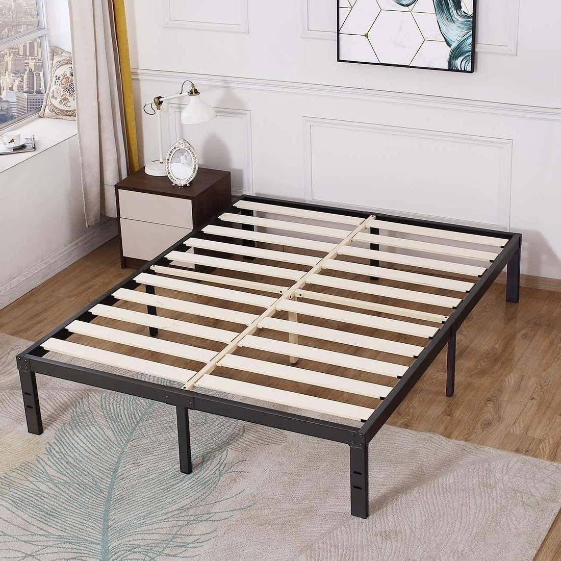 Base de cama de plataforma de metal resistente con listones de madera, límite de peso de 1587 kg