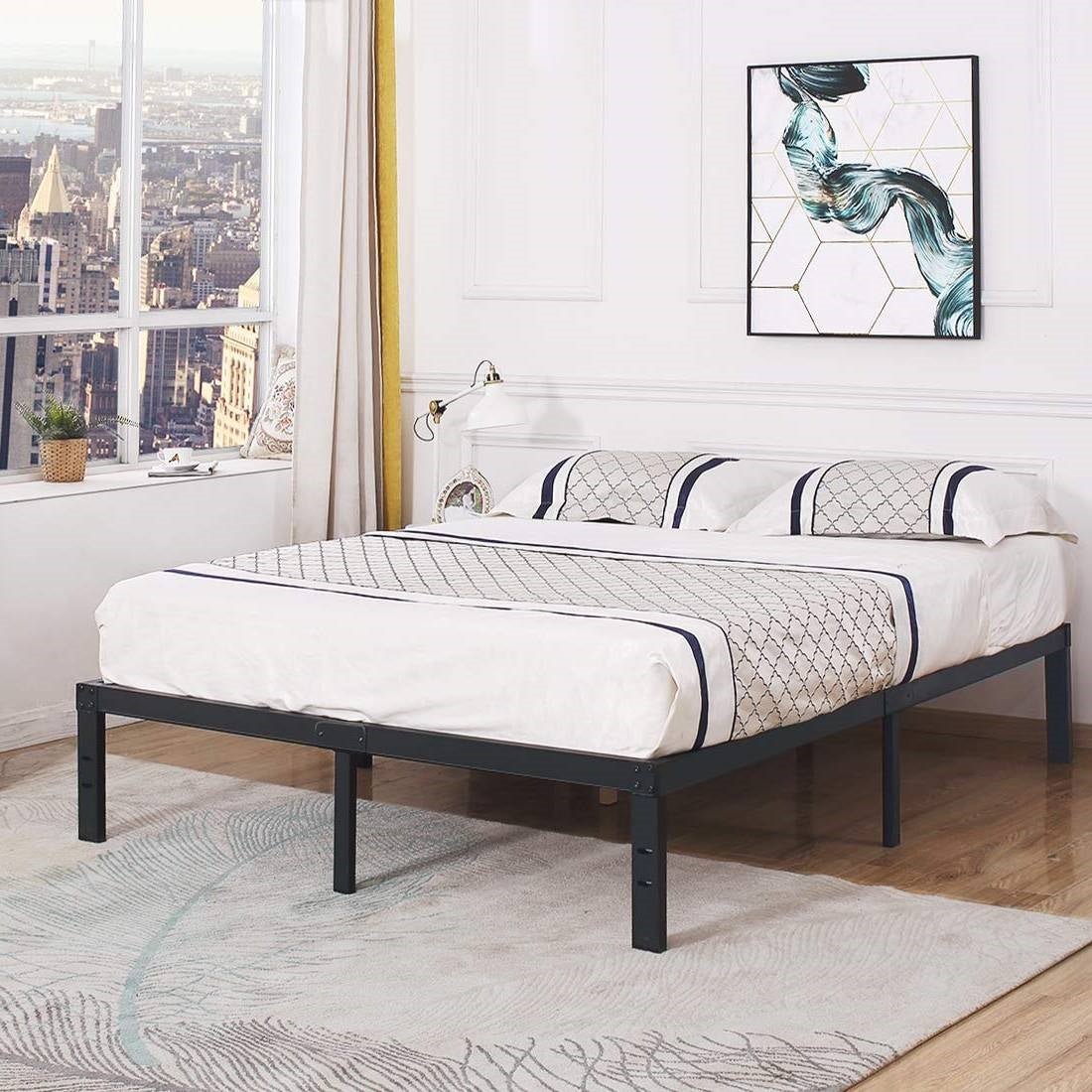 Base de cama de plataforma de metal resistente con listones de madera, límite de peso de 1587 kg