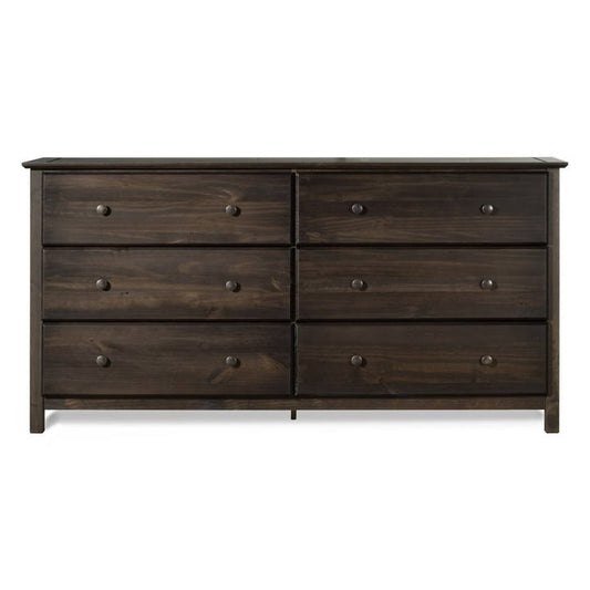 Cómoda de 6 cajones de madera maciza de pino rústica con acabado espresso