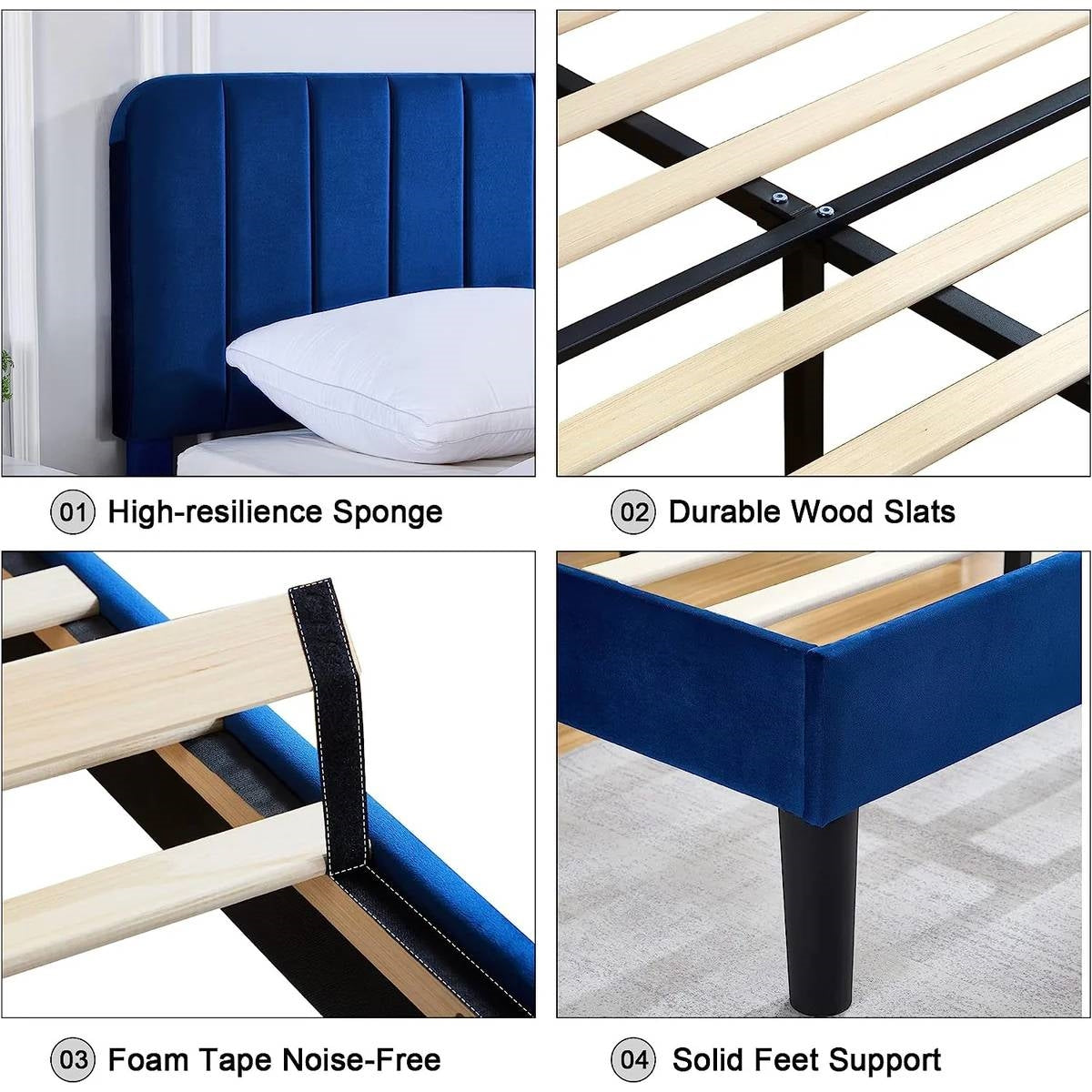 Base de cama tapizada azul tamaño matrimonial con cabecero