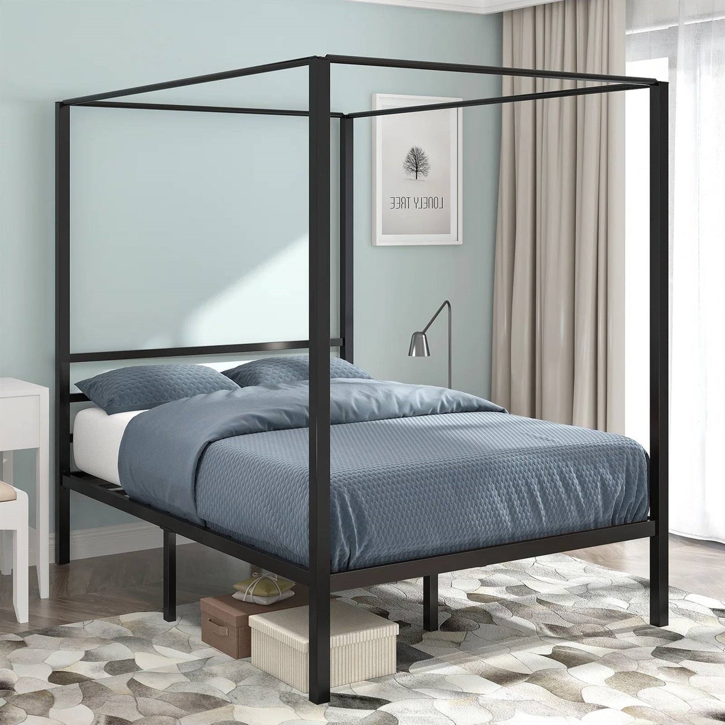 Cama con dosel de metal de tamaño completo y estilo moderno con acabado en negro