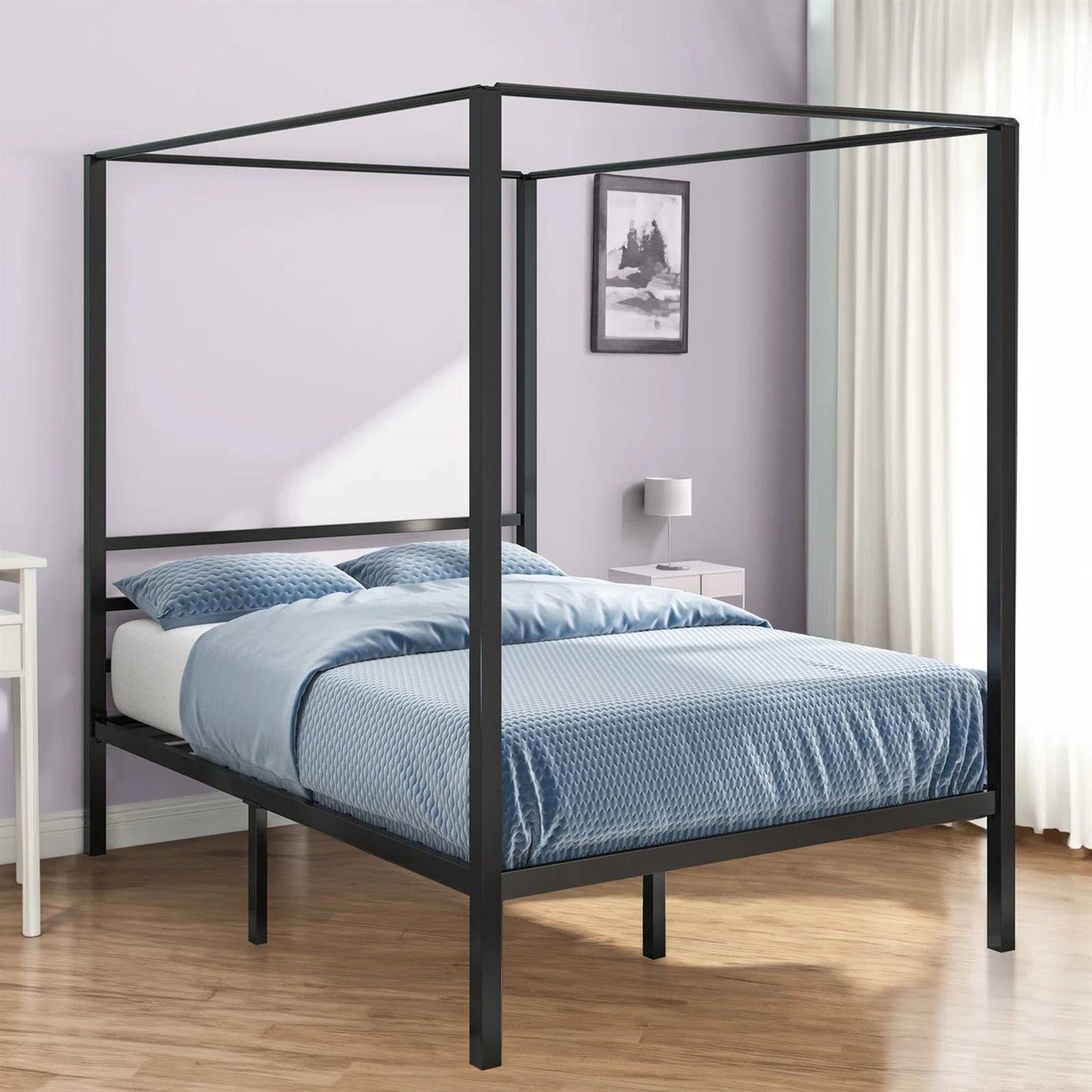 Cama con dosel de metal de tamaño completo y estilo moderno con acabado en negro