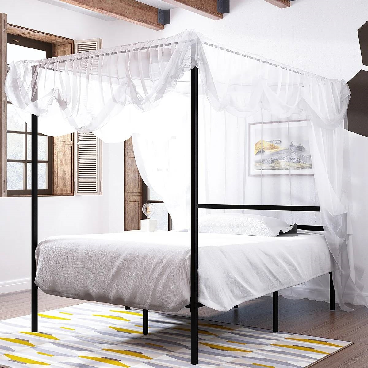 Cama con dosel de metal de tamaño completo y estilo moderno con acabado en negro