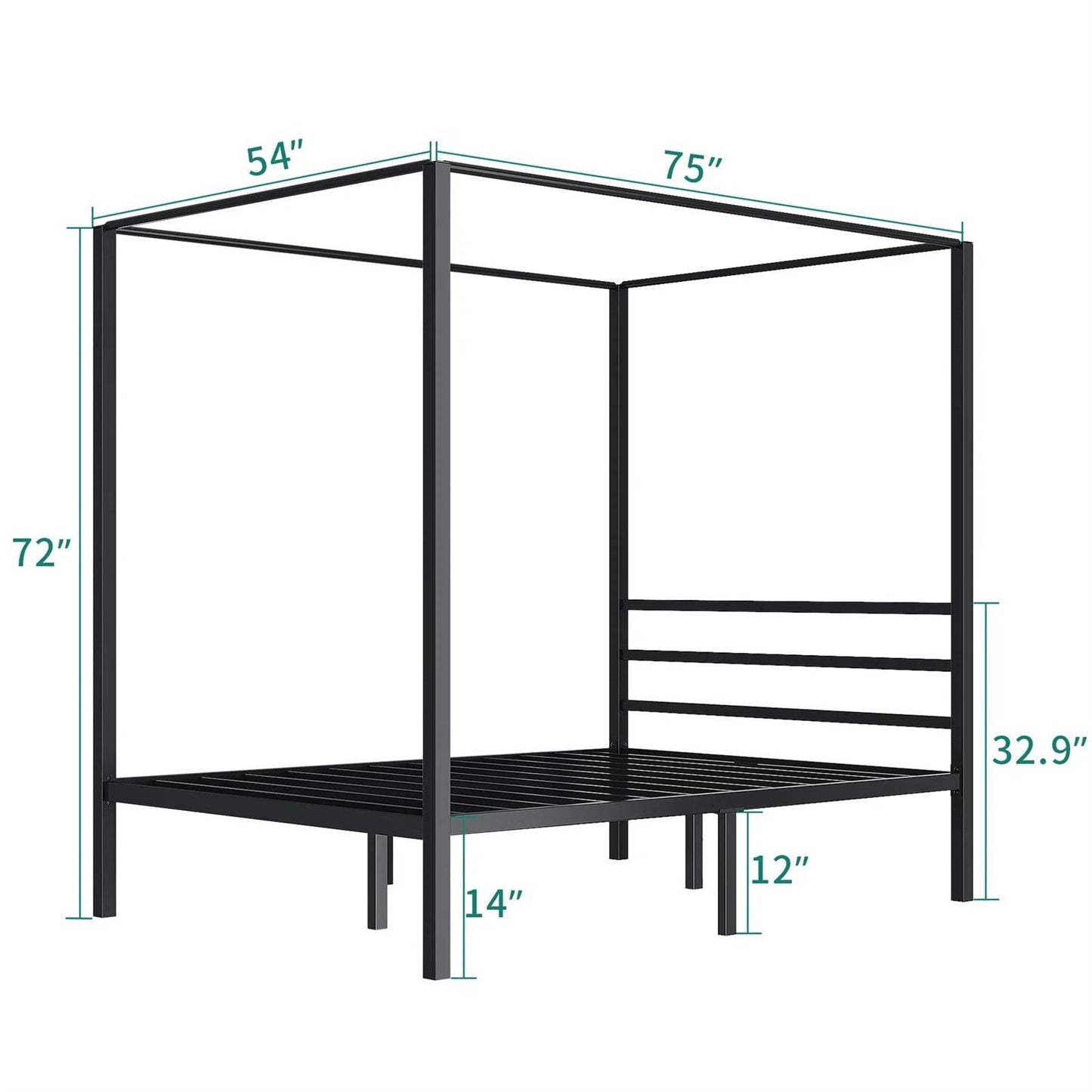 Cama con dosel de metal de tamaño completo y estilo moderno con acabado en negro