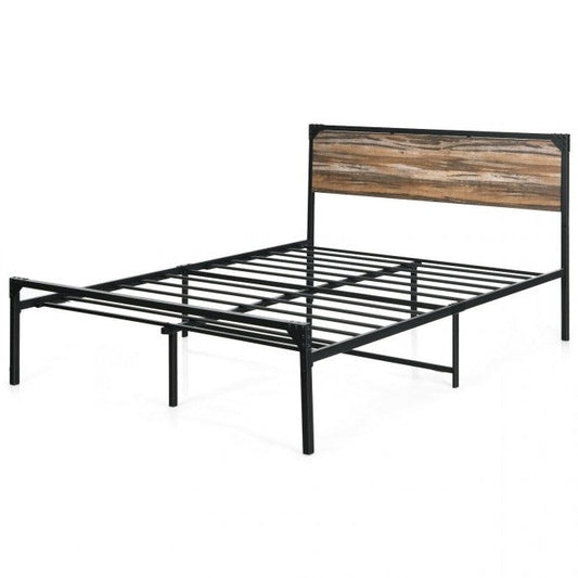 Base de cama de plataforma rústica FarmHome de metal y madera en tamaño matrimonial