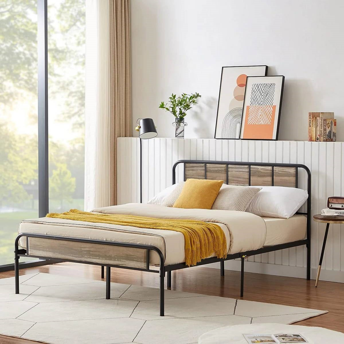 Cama de Plataforma de Metal y Madera Gris Tamaño Completo con Cabecera y Piecera Redondeadas