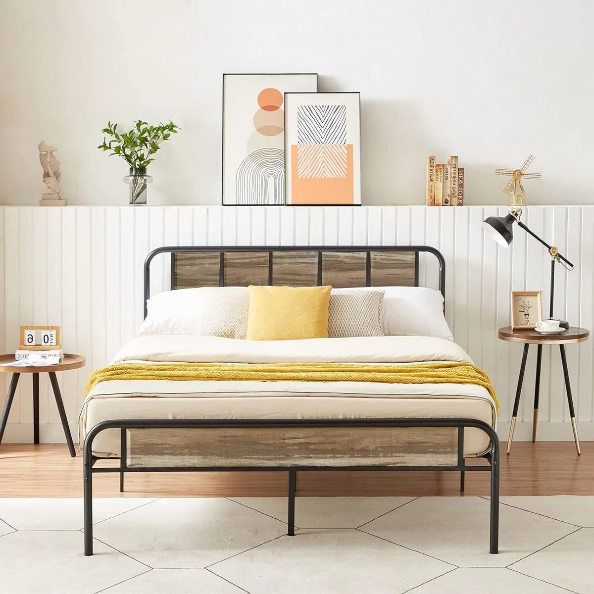 Cama de Plataforma de Metal y Madera Gris Tamaño Completo con Cabecera y Piecera Redondeadas