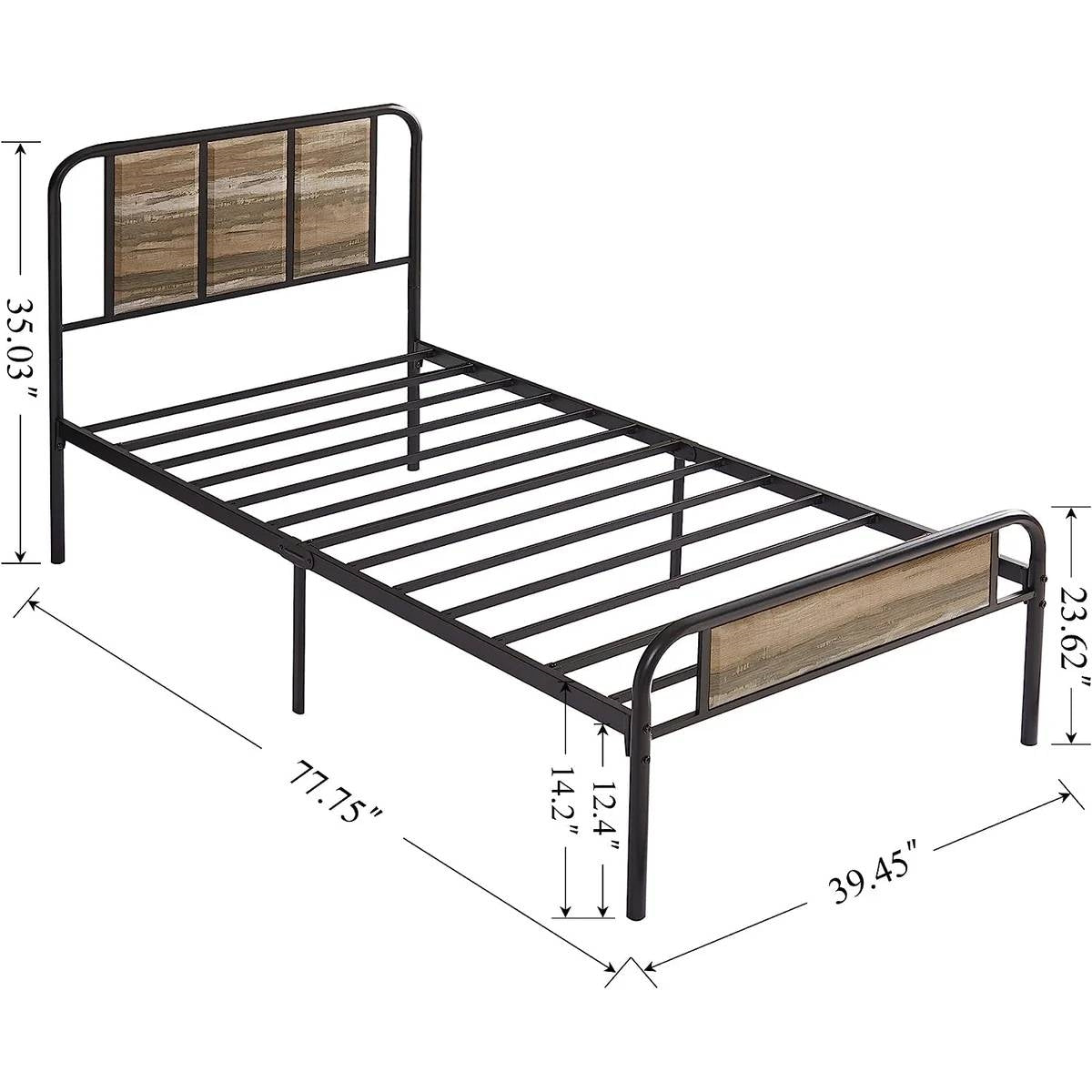 Cama de Plataforma de Metal y Madera Gris Tamaño Completo con Cabecera y Piecera Redondeadas