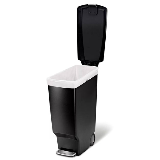 Cubo de basura estrecho de cocina negro de 37,85 L con tapa de fácil apertura a pedal