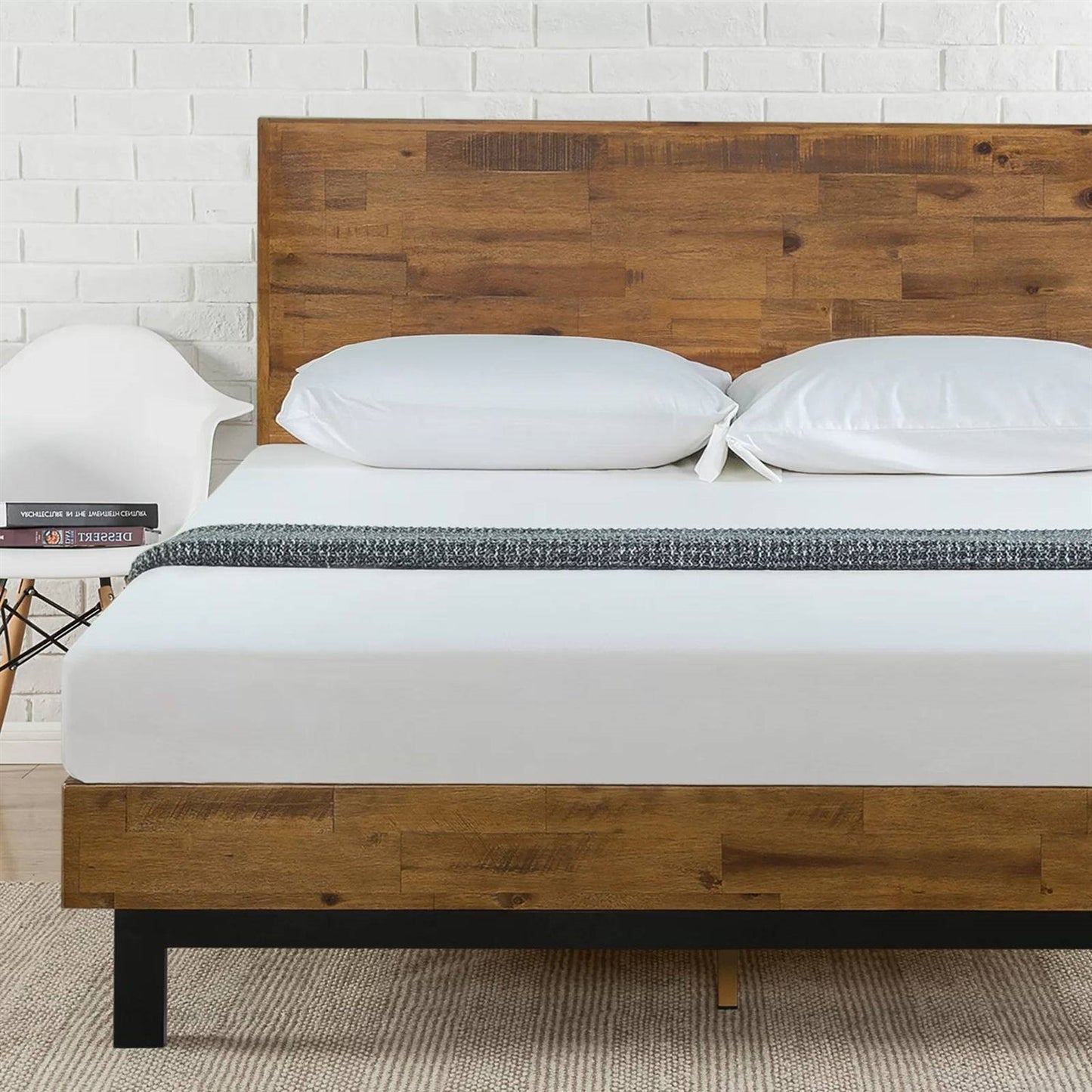 Base de cama de plataforma moderna de madera maciza tamaño matrimonial con cabecero de altura ajustable