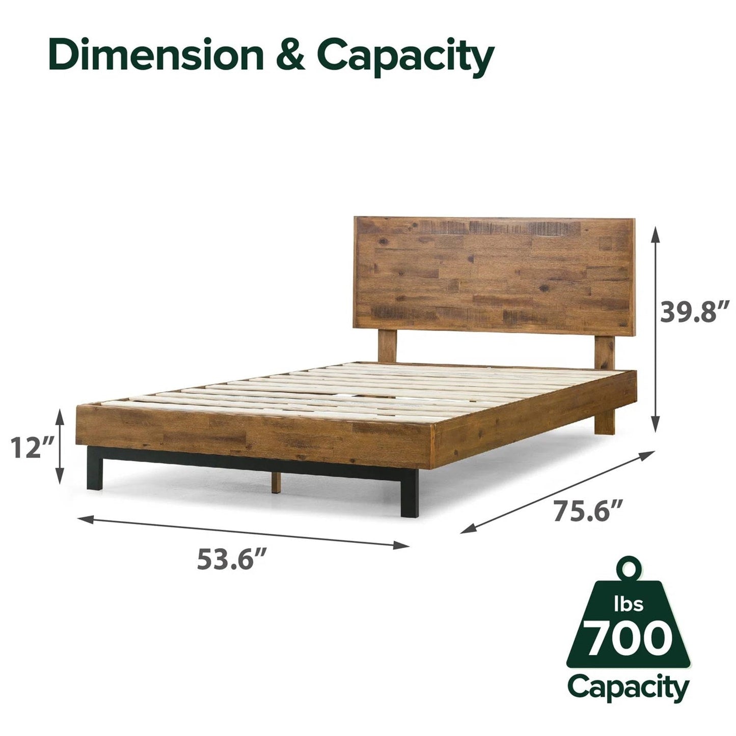 Base de cama de plataforma moderna de madera maciza tamaño matrimonial con cabecero de altura ajustable