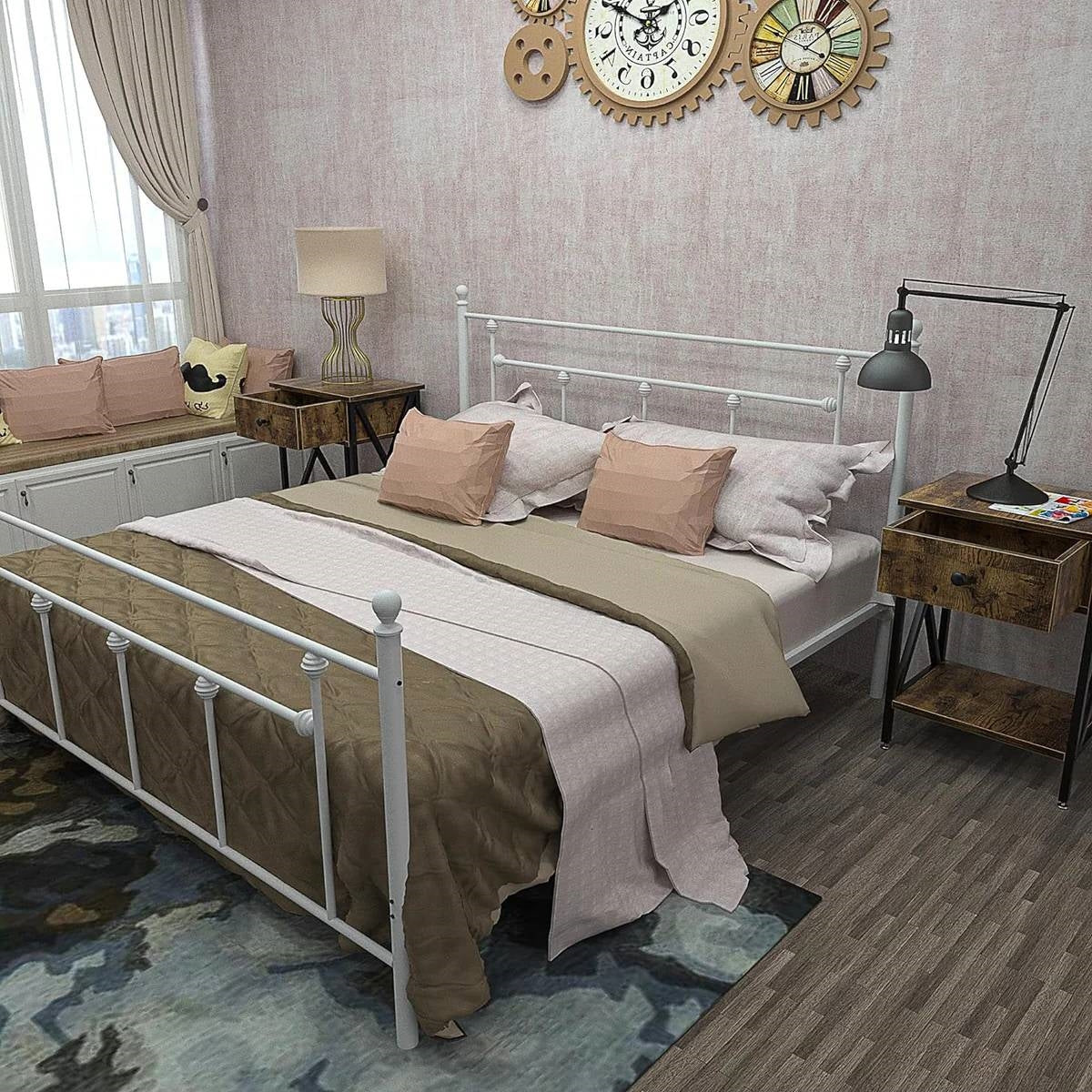 Cama con estructura de metal blanco de estilo vintage con cabecero y pie de cama