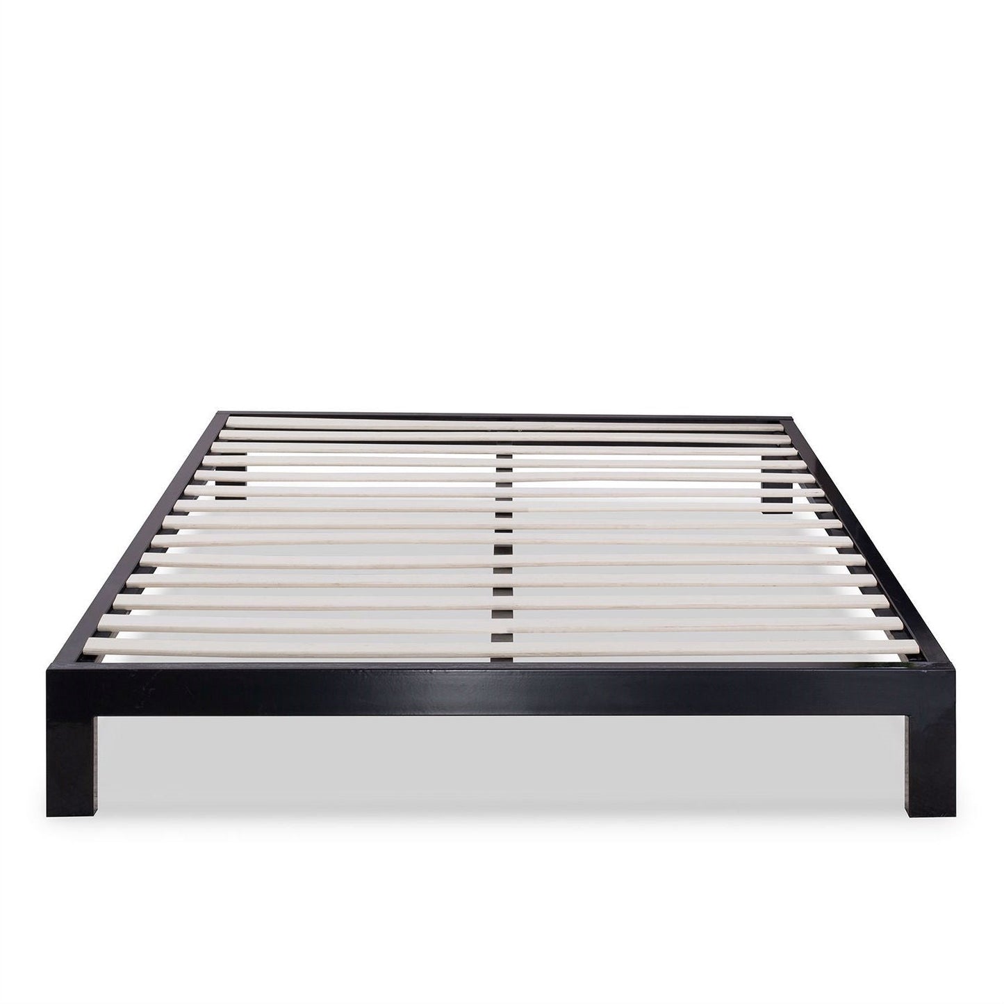 Cama de plataforma de metal negro contemporánea de tamaño completo con somier de láminas de madera