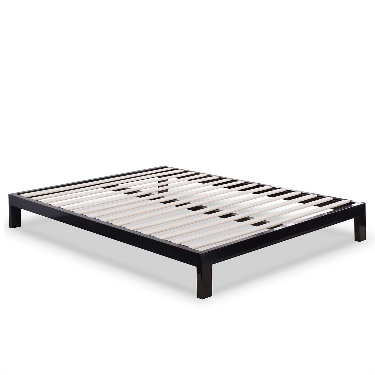 Cama de plataforma de metal negro contemporánea de tamaño completo con somier de láminas de madera