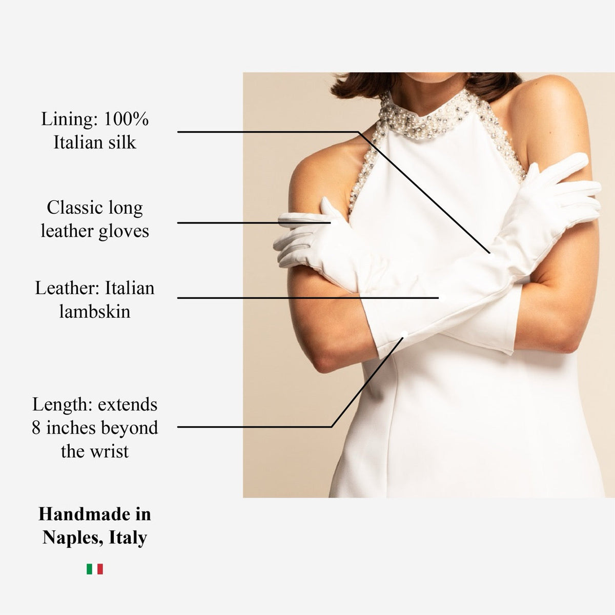 Angelina (white) - Italian silk lined 8-button length leather bridal / opera gloves