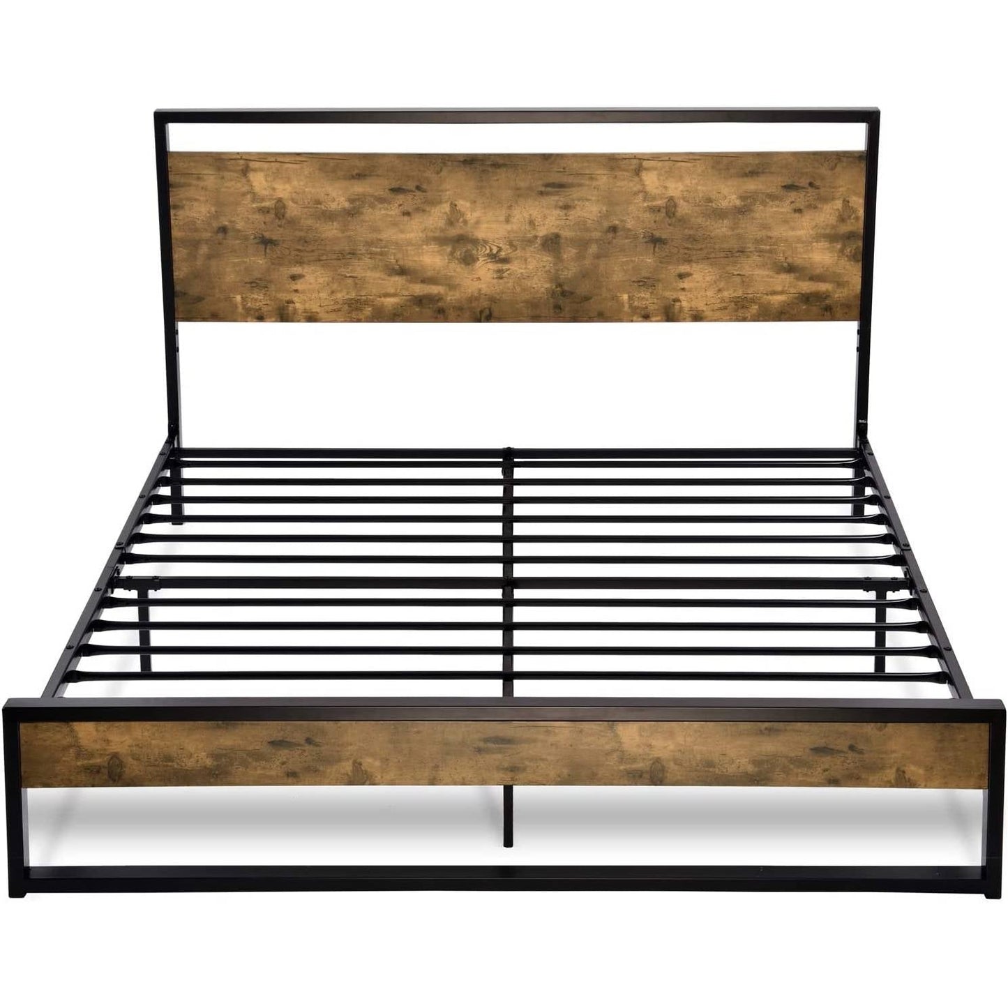 Base de cama de plataforma de metal y madera de tamaño completo con cabecero industrial