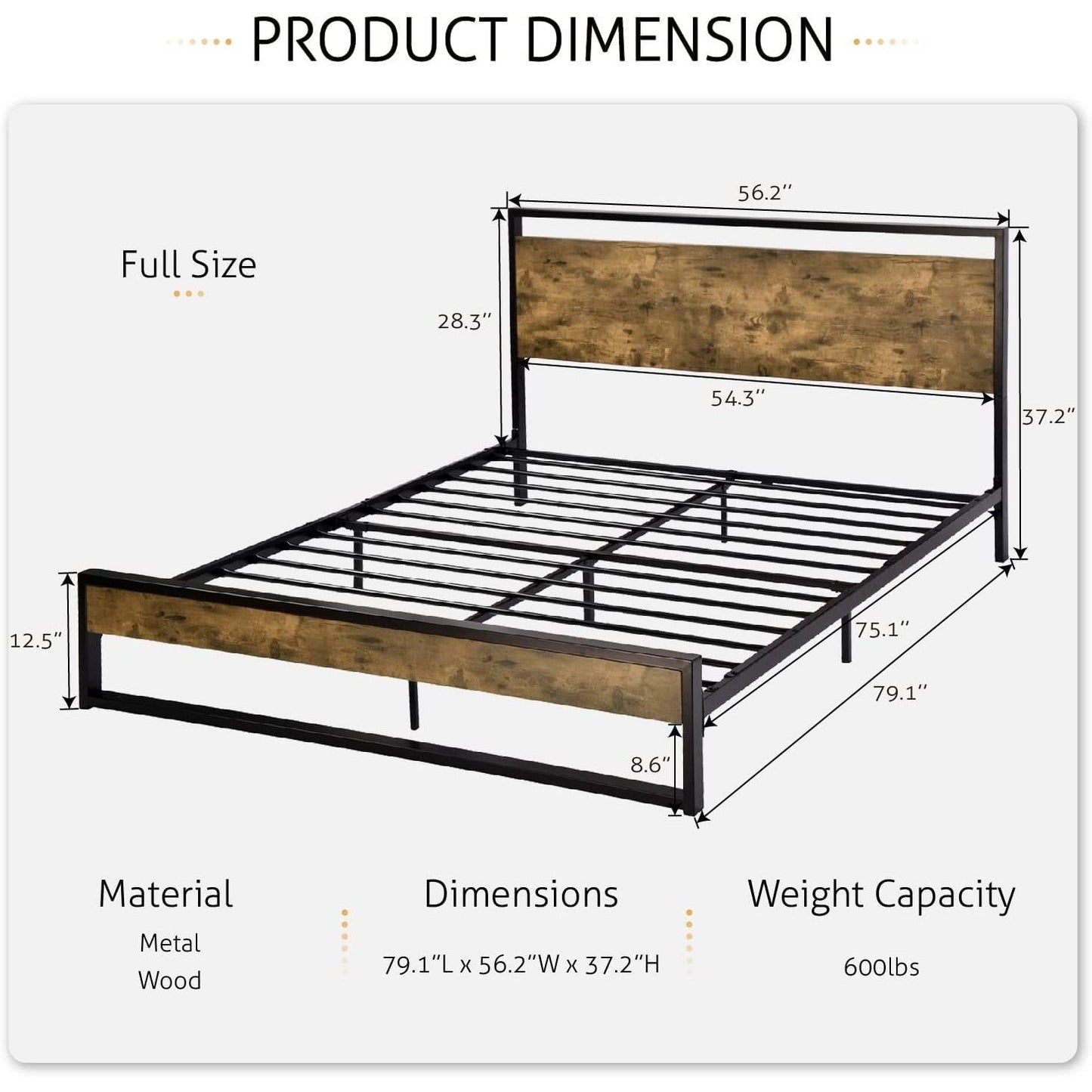 Base de cama de plataforma de metal y madera de tamaño completo con cabecero industrial