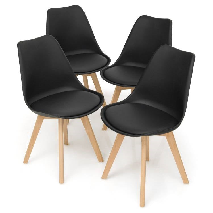 Juego de 4 sillas de comedor de cuero sintético negro estilo moderno de mediados de siglo con patas de madera