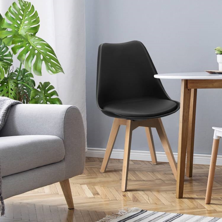 Juego de 4 sillas de comedor de cuero sintético negro estilo moderno de mediados de siglo con patas de madera