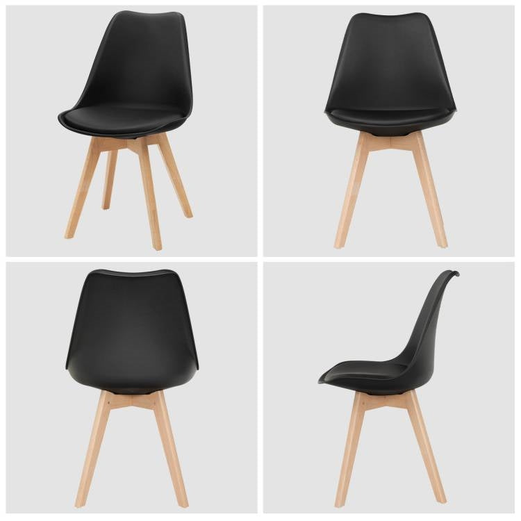 Juego de 4 sillas de comedor de cuero sintético negro estilo moderno de mediados de siglo con patas de madera
