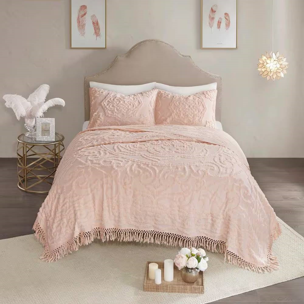 Colcha de chenilla 100 % algodón Full/Queen con dobladillo de flecos en rosa claro