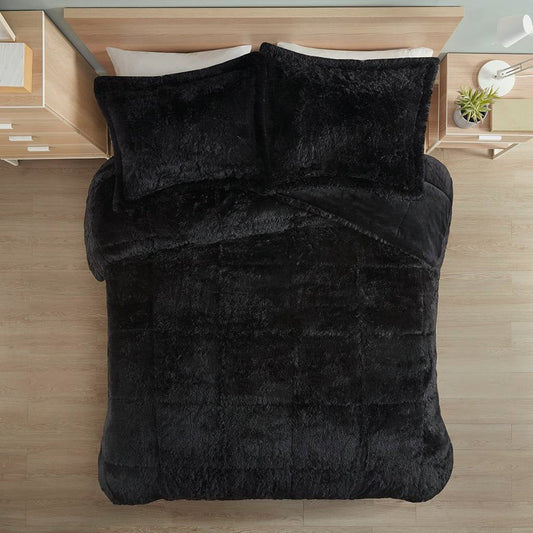 Juego de edredón de 3 piezas con fundas de almohada de sherpa sintética suave negro tamaño matrimonial/queen