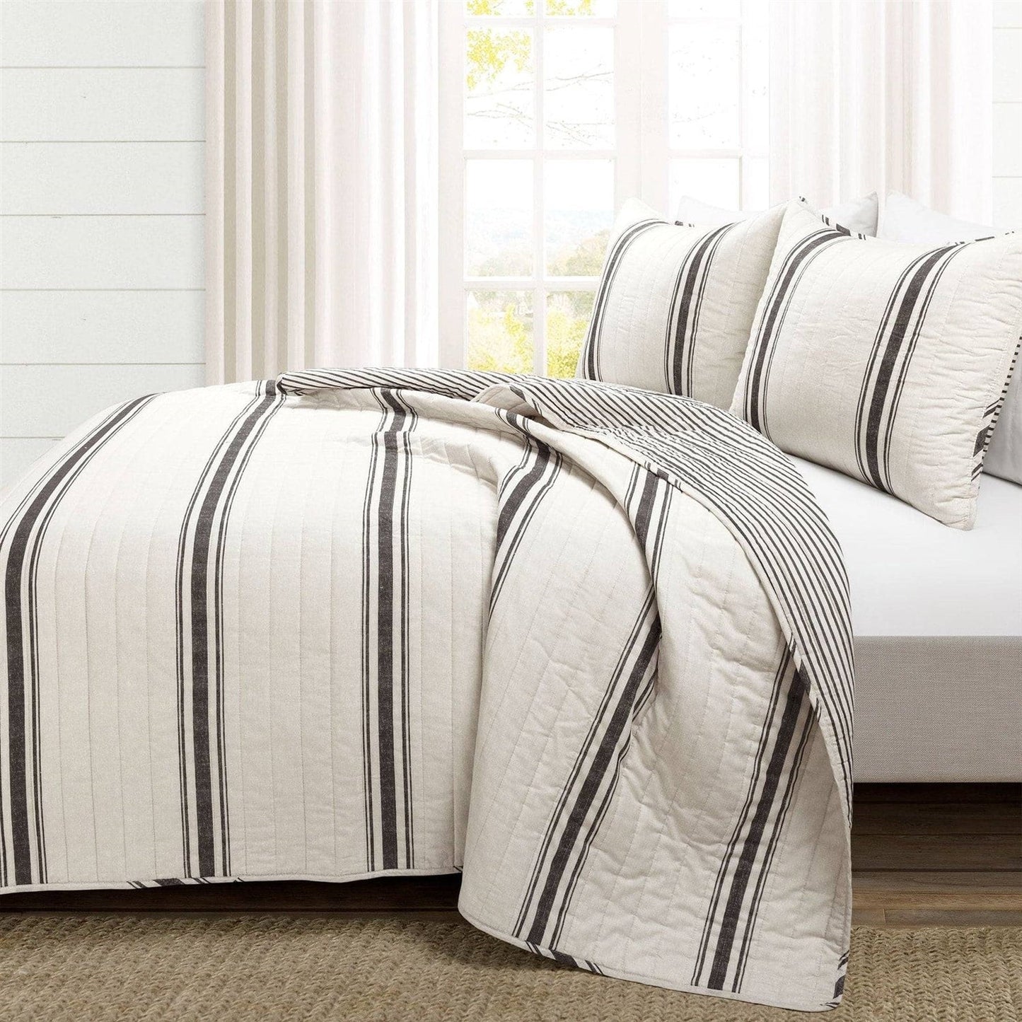 Juego de edredón reversible de 3 piezas de algodón a rayas negras, blancas y crema para cama doble/Queen