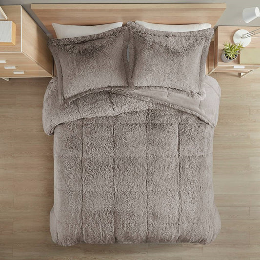Juego de edredón de 3 piezas de sherpa suave gris de tamaño matrimonial/queen con fundas de almohada